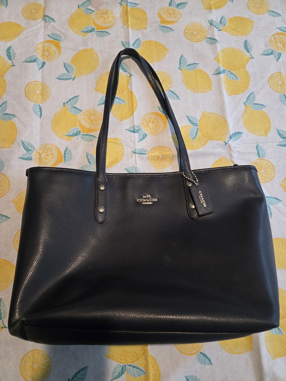 COACH Navy Blue Pebbled Leather Tote with Logo Charm